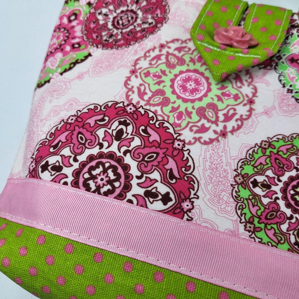 Ever Sew English Handmade PURSE Handbag Small Tote Fabric Green Pink Medallions - Picture 12 of 13